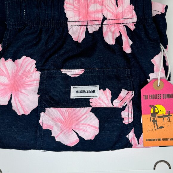 The Endless Summer Swim Trunks - Navy with Large Pink Flowers (XL) - Picture 3 of 7